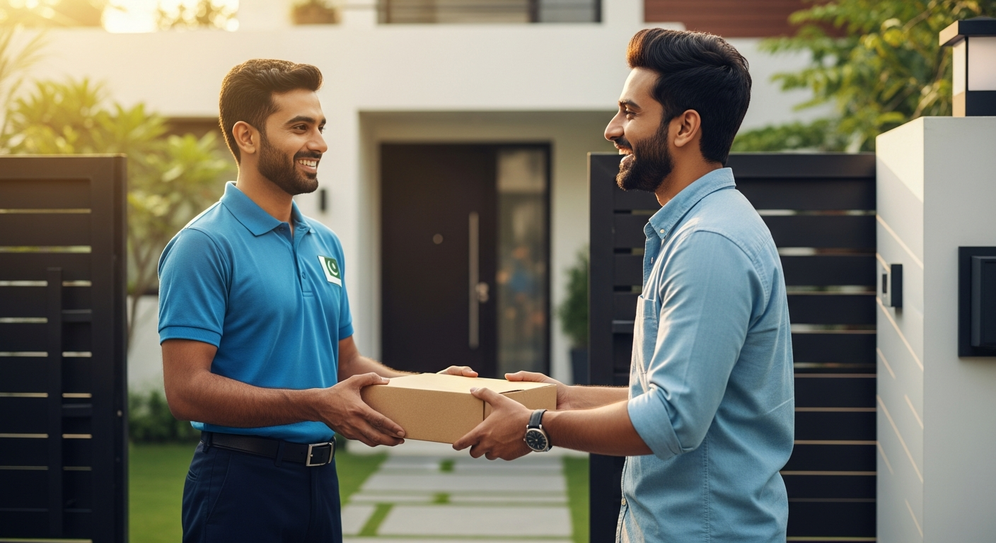 Courier delivering parcel to happy customer — We Deliver Happiness